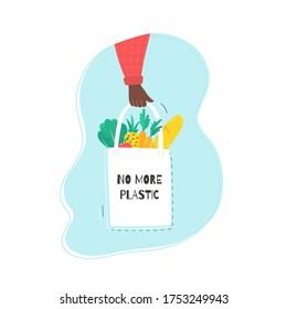 Desperdicio cero plano. No hay pancarta de plástico. Mano con bolso de compra ecológica con verduras. Ilustración del concepto de vector. Afiche de motivación, activismo.  Aislado sobre fondo blanco.