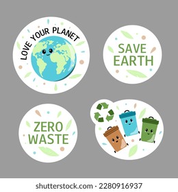 Zero waste. Flat ecology stickers. Modern isolated vector badges. Motivation messages and slogans. Save Earth.