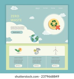 Zero waste flat landing page website template. Green energy, green factory, wind energy. Web banner with header, content and footer. Vector illustration.