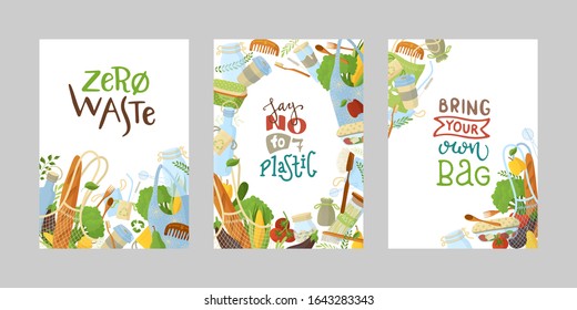 Zero waste flat vector banners set. Eco products in recyclable packages, reusable containers, hygiene items and eco bags, vegetables and fruits isolated on white background