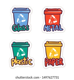 Zero waste flat vector round banner template. Garbage sorting bins. Reducing plastic waste icons, stickers. Outline lunchbox, toothbrush, straw doodles. Recycling campaign promotion poster design
