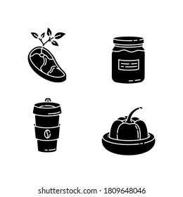 Zero waste food black glyph icons set on white space. Vegan meat, glass jar, reusable coffee cup and food savers silhouette symbols. Sustainable lifestyle accessories. Vector isolated illustrations