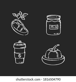 Zero waste food chalk white icons set on black background. Vegan meat, glass jar, reusable coffee cup and food savers. Sustainable lifestyle accessories. Isolated vector chalkboard illustrations