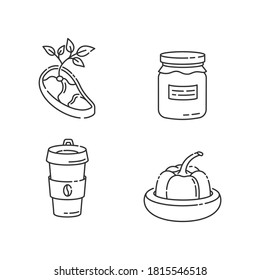 Zero waste food linear icons set. Vegan meat, glass jar, reusable coffee cup and food savers customizable thin line contour symbols. Isolated vector outline illustrations. Editable stroke