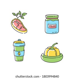 Zero waste food RGB color icons set. Vegan meat, glass jar, reusable coffee cup and food savers. Sustainable lifestyle accessories. Isolated vector illustrations