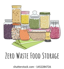 Zero waste food storage in glass jars for bulk products without packaging. Set of seeds, legumes, nuts, grains elements. Zero waste pantry. No plastic. Hand drawn vector illustration.