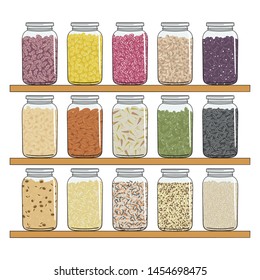 Zero waste food storage in glass jars for bulk products without packaging. Set of seeds, legumes, nuts, grains elements. Zero waste pantry. No plastic. Hand drawn vector illustration.