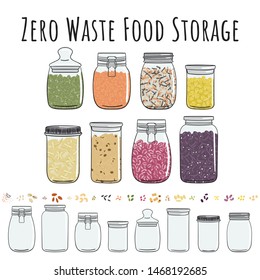 Zero waste food storage in glass jars for bulk products without packaging. Set of seeds, legumes, nuts, grains elements. Zero waste pantry. No plastic. Hand drawn vector illustration.