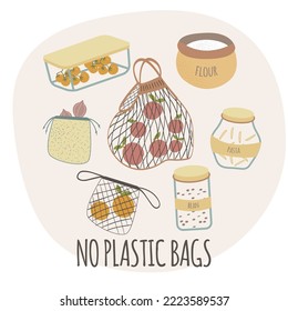 Zero waste food storage in glass jars for bulk products without packaging. Mesh and textile reusable bags for products Zero waste concept pantry. No plastic. Vector illustration.