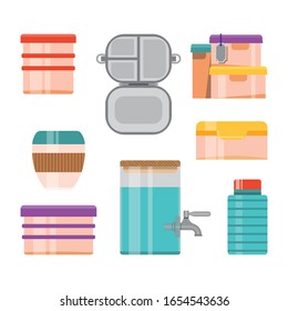 Zero waste food storage with reusable containers from stainless steel, glass and recycled plastic. Lunch box, coffee cup, glass jug with tap and water bottle. Durable items for eco-friendly lifestyle.