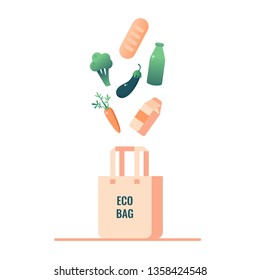 zero waste foodstuff (bread, vegetables, water in glass bottle, milk) falling into eco bag.  Vector illustration isolated from white background