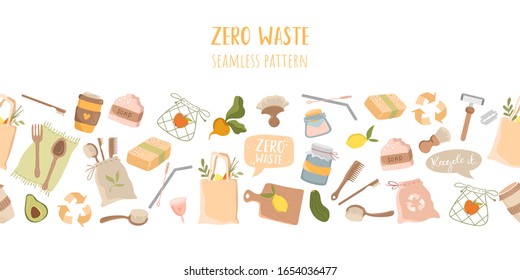 Zero waste frame, seamless pattern on a white background. Eco bags, reusable dishes.