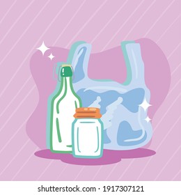 Zero-Glas-Glas-Glas und Beutel-Design, Save planet ökologisches Recycling-Thema Vektorgrafik