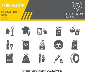 Juego de iconos de glifos de basura cero, colección de reciclados, gráficos vectoriales, ilustraciones de logotipos, iconos vectores de desechos cero, señales de entorno, pictogramas sólidos, trazo editable