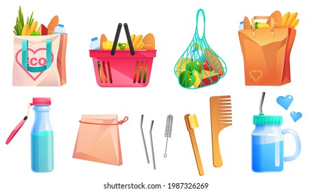 Zero waste goods, net, cotton and paper shopping bags, wooden comb and toothbrush, glass bottle and cup with metal straw. Vector cartoon set of recycle eco packages with food and reusable goods