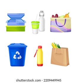 Zero waste goods set. Eco friendly, recyclable and reusable products vector illustration