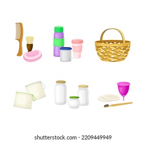 Zero Waste Goods Set. Wicker Basket, Glass Jar, Soap, Toothbrush, Menstrual Cup, Comb Vector Illustration