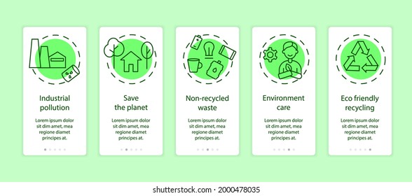 Zero waste green app page screen with concepts. Save the planet walkthrough 5 steps graphic tasks. Environment care instructions