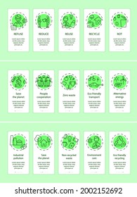 Zero waste green app page screen with concepts set. Environment care instructions. Save the planet walkthrough 5 steps graphic tasks. Go green tasks.