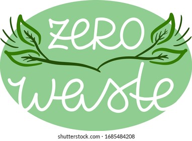 basura cero con ramas verdes y hojas sobre un fondo verde, concepto ecológico, diseño del logo impreso para folletos, sitios web, carteles, invitaciones, tarjetas de saludo, emblemas, lentes, paquetes, no 