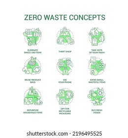 Zero waste green concept icons set. Reuse and recycle practices idea thin line color illustrations. Repurpose items. Isolated symbols. Editable stroke. Roboto-Medium, Myriad Pro-Bold fonts used