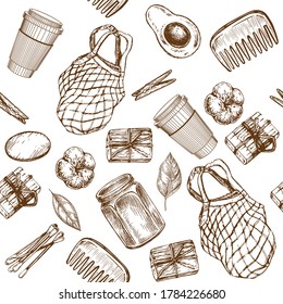 Zero waste green items. Hand drawn sketch illustration seamless pattern background
