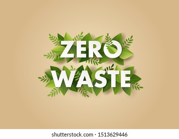 Zero Waste With Green Leaves Paper Cut Off On Paper Craft