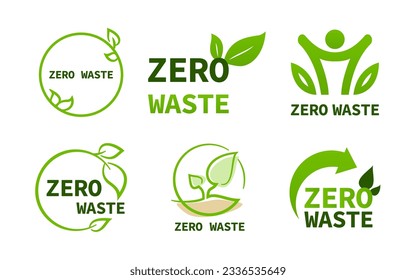 Zero waste green logo collection. Set of green zero waste badges with leaf, arrow, man icons. Vector zero waste