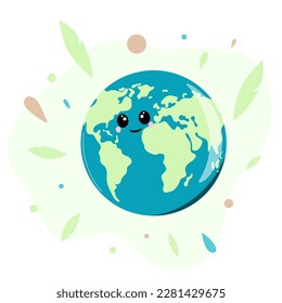 Zero waste. Green planet Earth with leaves. Cartoon Earth. Save the planet. Earth Day concept. World Environment Day.