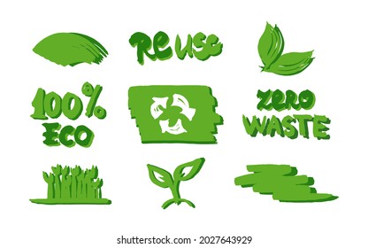 Cero Residuos verdes reutilización Eco Concepto Aislado en un Fondo Blanco. Etiquetas manuscritas y texto de signo