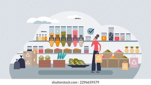 Zero waste grocery store with ecological packaging tiny person concept. Organic vegetables and healthy products without plastic wrapping vector illustration. Reusable materials for green lifestyle.