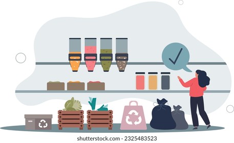 Zero Waste Lebensmittelgeschäft mit ökologischen Verpackungen.Organisches Gemüse und gesunde Produkte ohne Plastikverpackung .flache Vektorgrafik.
