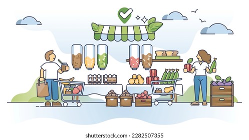 Zero waste grocery store with reduced products packaging outline concept. Say no to plastic pollution and use organic lifestyle shops vector illustration. Reuse glass or fabric material containers.