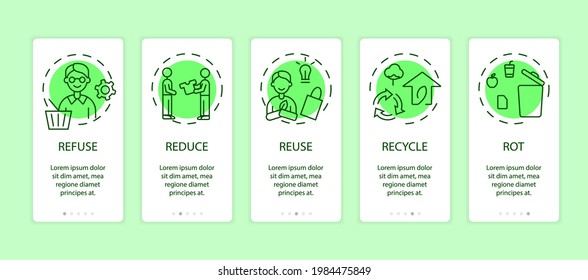 Zero waste grreen app page screen with concepts. Refuse, reduce, reuse, recycle, rot ideas. Save the planet walkthrough 5 steps graphic tasks. Environment care instructions