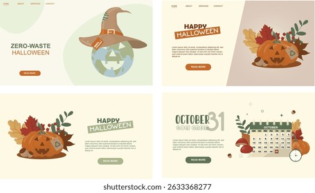 Zero Waste Halloween Web Design Template Set. eco-friendly Halloween website mockups featuring sustainable themes. Flat style. Sustainable halloween concept. Vector illustration