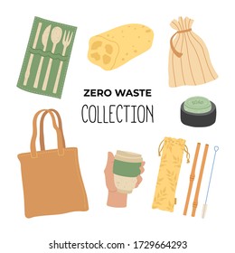 Zero waste hand drawing set of basic items. Where to start using less plastic, main objects. Go green. Say no to plastic. Vector illustration. 