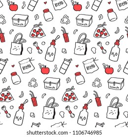 Zero waste hand drawn background. Seamless pattern with reusable straws, water bottle, fruits and vegetable textile eco pack, shoppig bag, stainless steel lunch box, glass jar.  