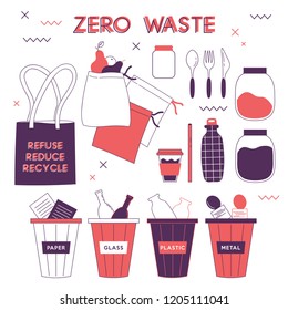 Zero waste hand drawn elements in cute simple flat style. Vector illustration for eco lifestyle. No plastic. Refuse reduce recycle