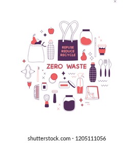 Zero waste hand drawn elements in cute simple flat style. Vector illustration for eco lifestyle. No plastic. Refuse reduce recycle