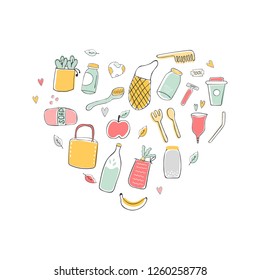 Zero Waste hand drawn illustration with eco icons. Poster design