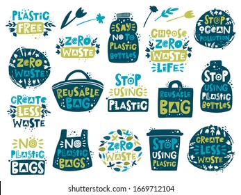 Zero waste hand drawn illustration lettering set. Polymer container silhouettes with typography. Stylized posters with ink drops. Environment protection design element 