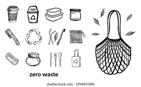 Zero Waste hand drawn illustration. Vector icons set.	