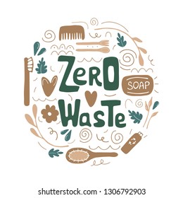 Zero waste hand drawn lettering. Eco design products illustration. Perfect for print design, t-shirts, stickers. Vector illustration