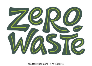 Zero waste hand drawn lettering text in green isolated on white background. Go Green concept. Eco friendly illustration of Refuse Reduce Reuse Recycle Rot. 