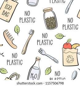 Zero waste hand drawn seamless pattern with reusable bag, fruits and vegetable textile eco pack, shopping bag, water bottle, glass jar.