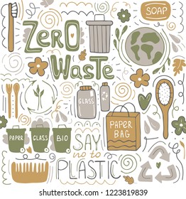 Zero waste hand drawn set. Doodle style background. Eco friendly lettering. Zero waste living vector illustration.