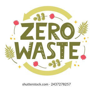 Zero Waste hand lettering. Ecology concept, recycle, reuse, reduce vegan lifestyle. Design to print on bag. Zero waste logo. Vector illustration