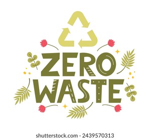 Zero Waste hand lettering. Ecology concept, recycle, reuse, reduce vegan lifestyle. Design to print on bag. Zero waste logo. Vector illustration