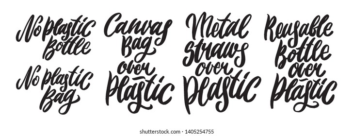 Zero waste hand written lettering words: metal straws, reusable bottle, canvas bag, no plastic bottle, no plastic bag. Plastic free design on white background