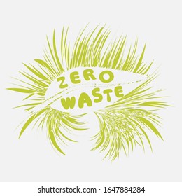 Texto escrito a mano sin desperdicios con hierba verde. Cero residuos dentro de la hoja verde aislados en fondo blanco. Ilustración del concepto de vertedero cero al estilo de las caricaturas. Diseño vectorial de la placa de residuos cero o emblema